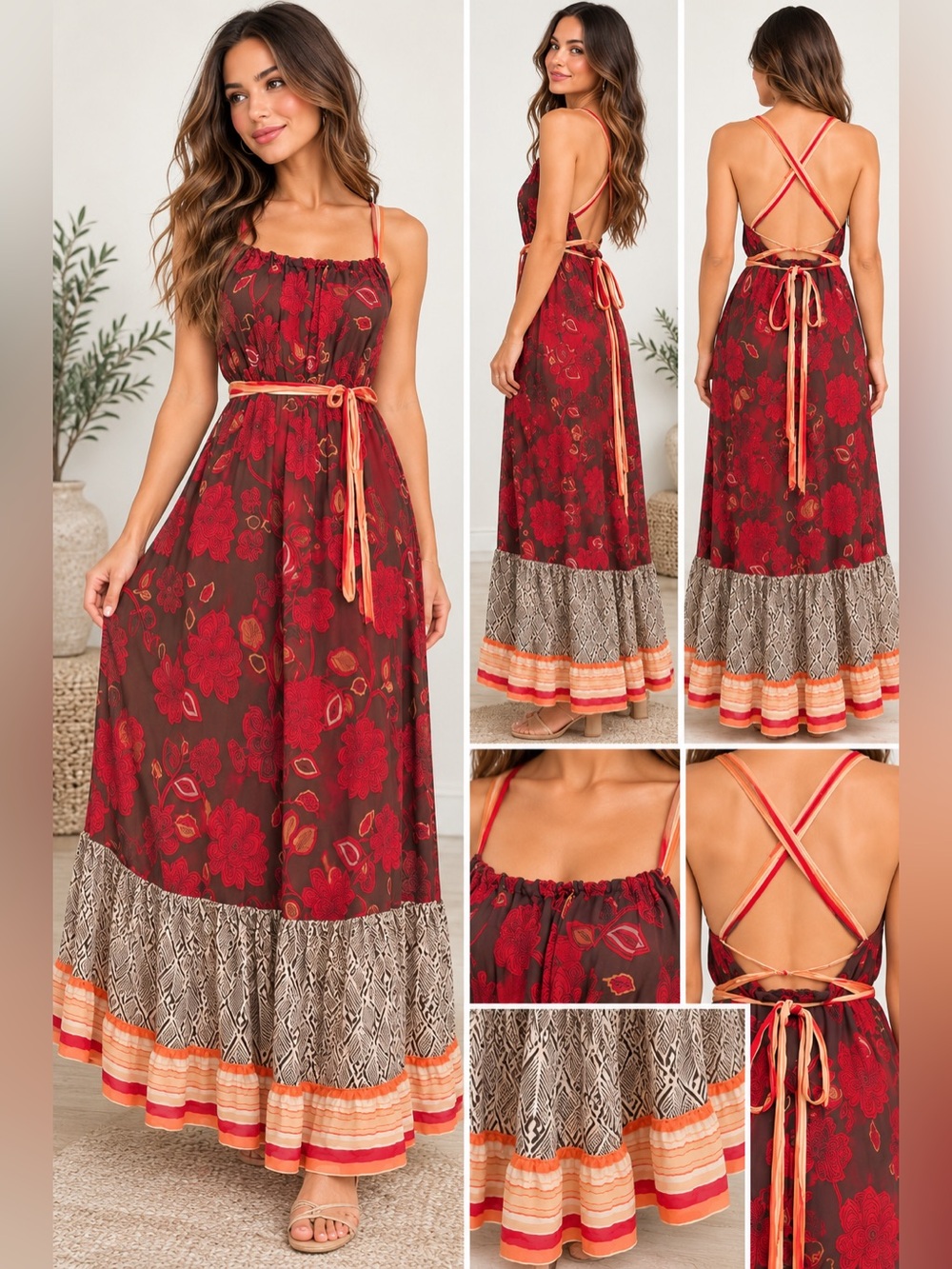 BCBGMAXAZRIA Y2K 100% Silk Floral Maxi Dress M Open Back Lace Up Boho